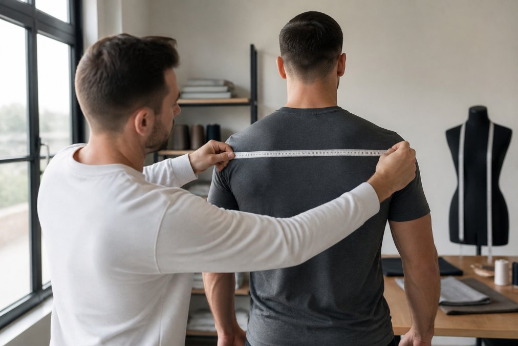 Friend using a tape measure across the back to help determine how to find shirts for broad shoulders correctly