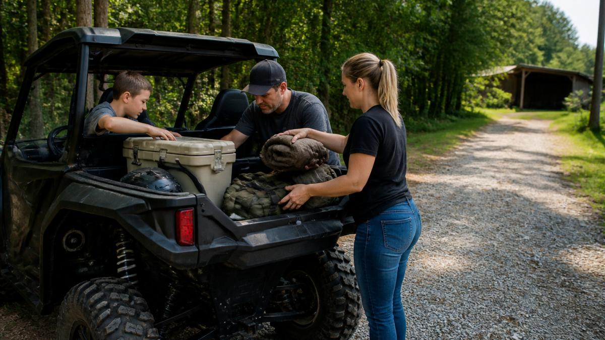 A family loading gear into a two-seat side-by-side for sale on a gravel trail near a wooded forest edge