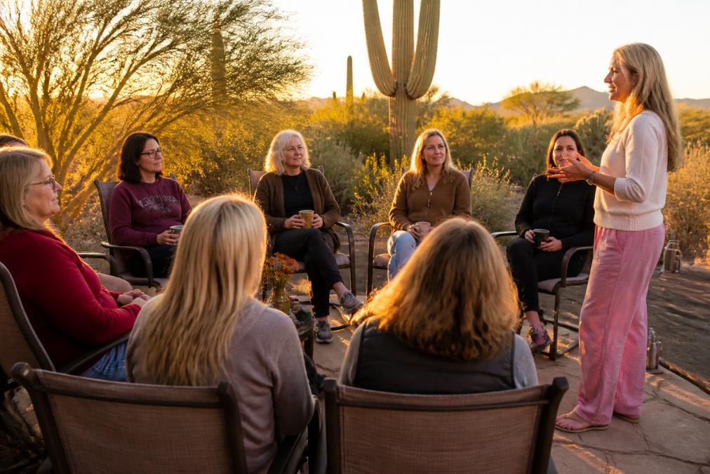 A small circle of adults seated in chairs outdoors on a desert patio at golden hour, engaged in a guided conversation with a facilitator standing nearby, warm light on saguaro silhouettes