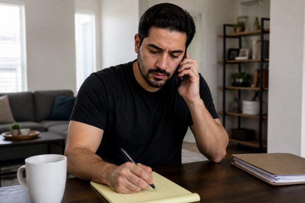 A person sitting at a desk at home, holding a phone to their ear with a notepad and pen nearby, looking focused and concerned while making an important call