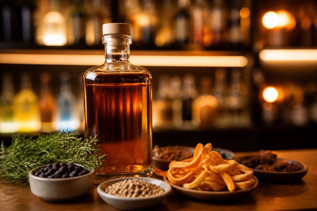Close-up of a premium alcohol-free spirit bottle with botanical ingredients displayed beside it, dried citrus peel, juniper berries, and spices, on a wooden bar counter with soft amber lighting highlighting the liquid