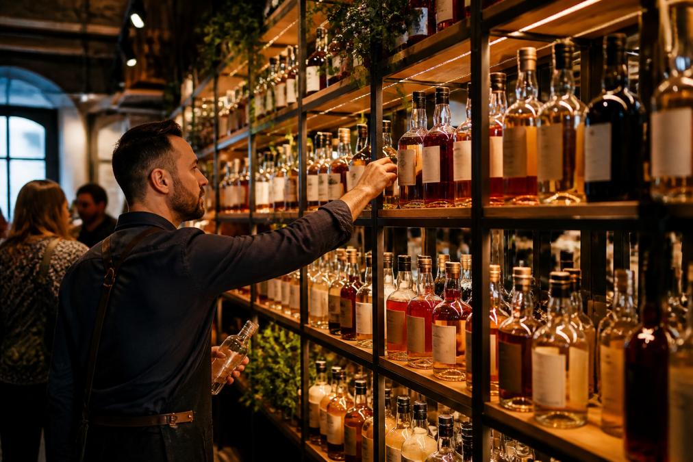 A curated bar shelf displaying premium alcohol-free spirits and 0% drinks with a bartender selecting bottles, warm lighting reflecting off glass labels, customers browsing in the background