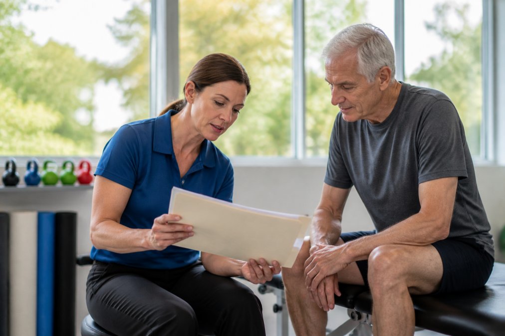 Professional physical therapist reviewing patient medical records and discussing clinical experience in modern clinic setting with natural lighting