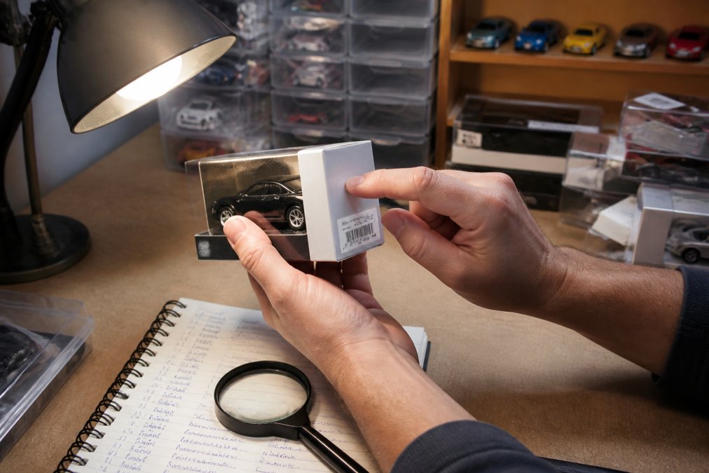 Collector examining a diecast car series box under a lamp to read the catalog number and batch code