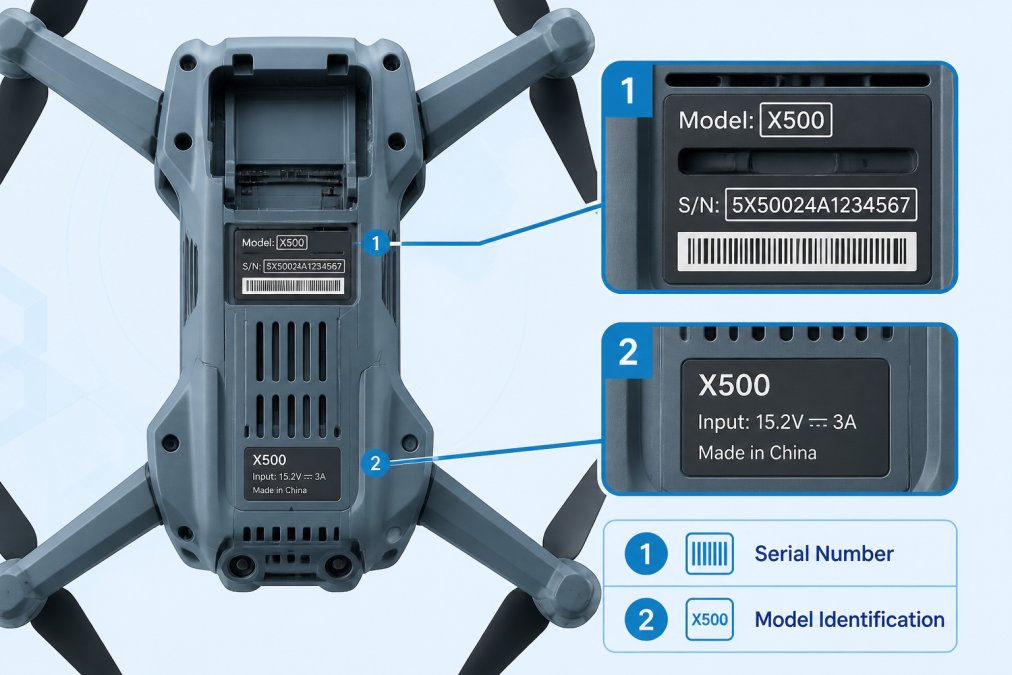 Close-up of a drone's underside showing serial number label and model identification markings clearly visible on the frame near battery compartment