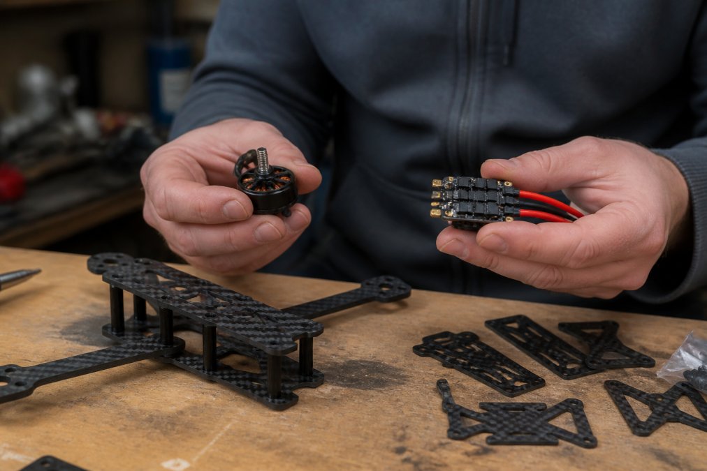 Hands holding various drone components including brushless motor, electronic speed controller, and frame parts laid out on workbench with technical documentation visible