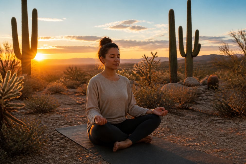 A serene desert landscape at sunrise with a person sitting cross-legged on a yoga mat, eyes closed in meditation, surrounded by saguaro cacti and soft golden light