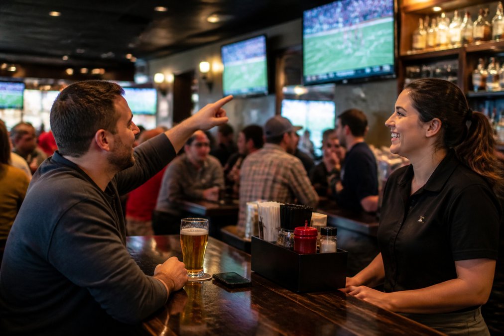 Flowchart showing how to politely ask staff for audio at sports bars with audio during a busy game day.