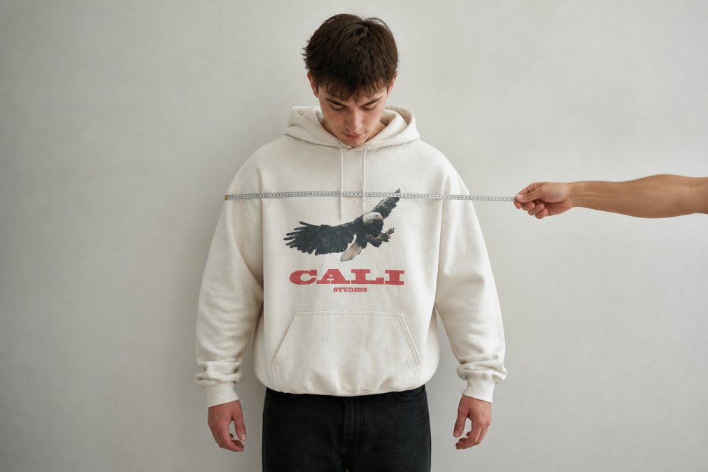Young man in casual streetwear standing against a neutral backdrop, demonstrating proper measurement posture with arms relaxed at sides, measuring tape across chest showing pit-to-pit shoulder width positioning