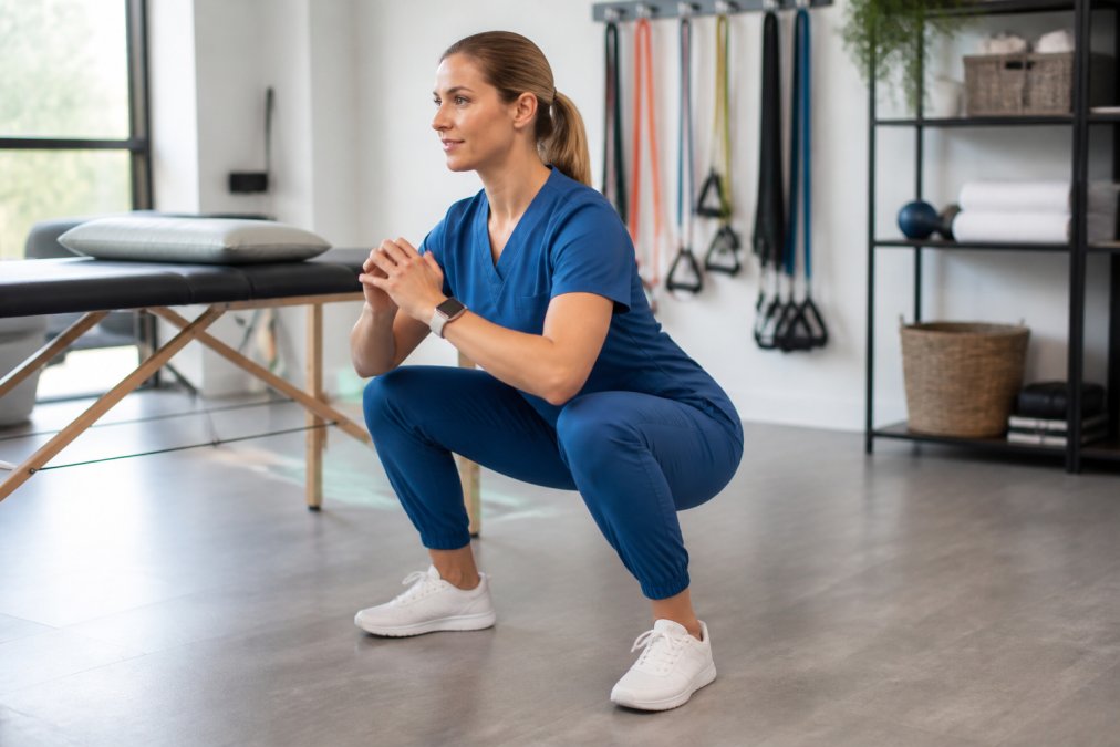 A physical therapist in athletic-fit jogger scrubs performing a deep squat beside a treatment table, demonstrating full range of motion in a bright therapy gym with resistance bands in the background
