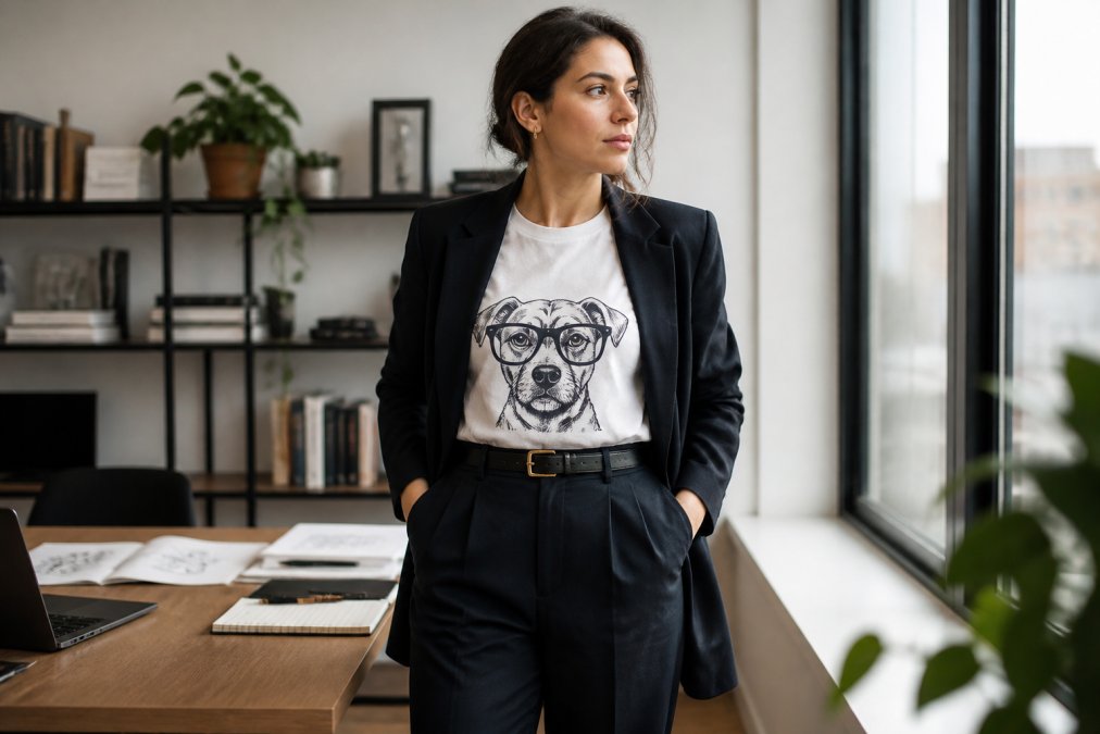 Professional woman wearing an oversized graphic tee tucked into tailored trousers with a structured blazer, standing confidently in a modern office setting with natural window lighting