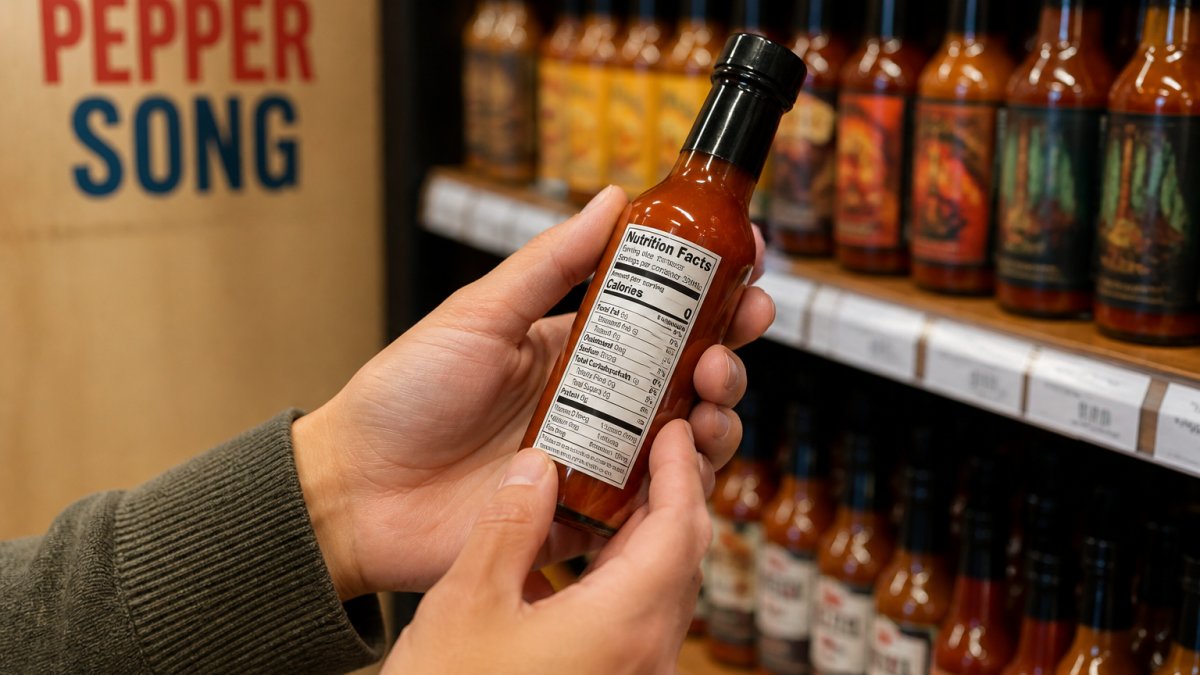 Close-up of hands holding a hot sauce bottle in a grocery store aisle, turning it to read the Nutrition Facts panel on the back label, with other bottles softly blurred in the background