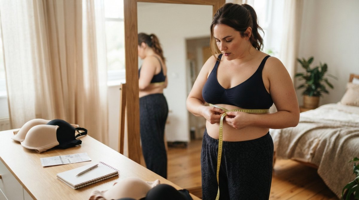 Woman measuring her underbust with a tape measure to find the right fit for supportive plus size bras