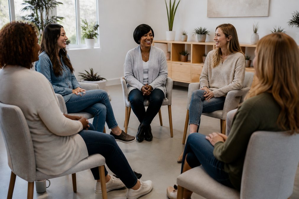 A diverse group of women sitting in a circle in a calm, well-lit room with comfortable seating, engaged in conversation with warm body language and genuine smiles