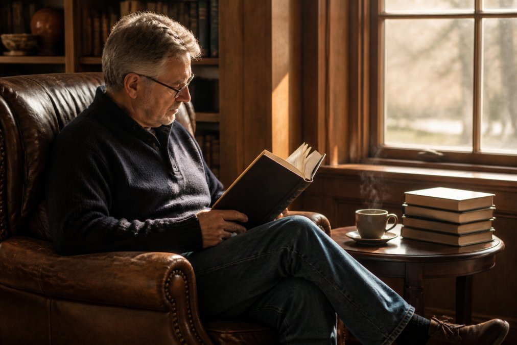 A person in a worn leather armchair reading a hardcover novel, a stack of other books and a steaming cup of tea on a side table beside them, warm afternoon light through a nearby window