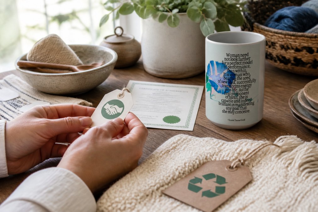 Close-up of hands examining product tags, authenticity certificates, and fair trade markings on handmade artisan items in natural light