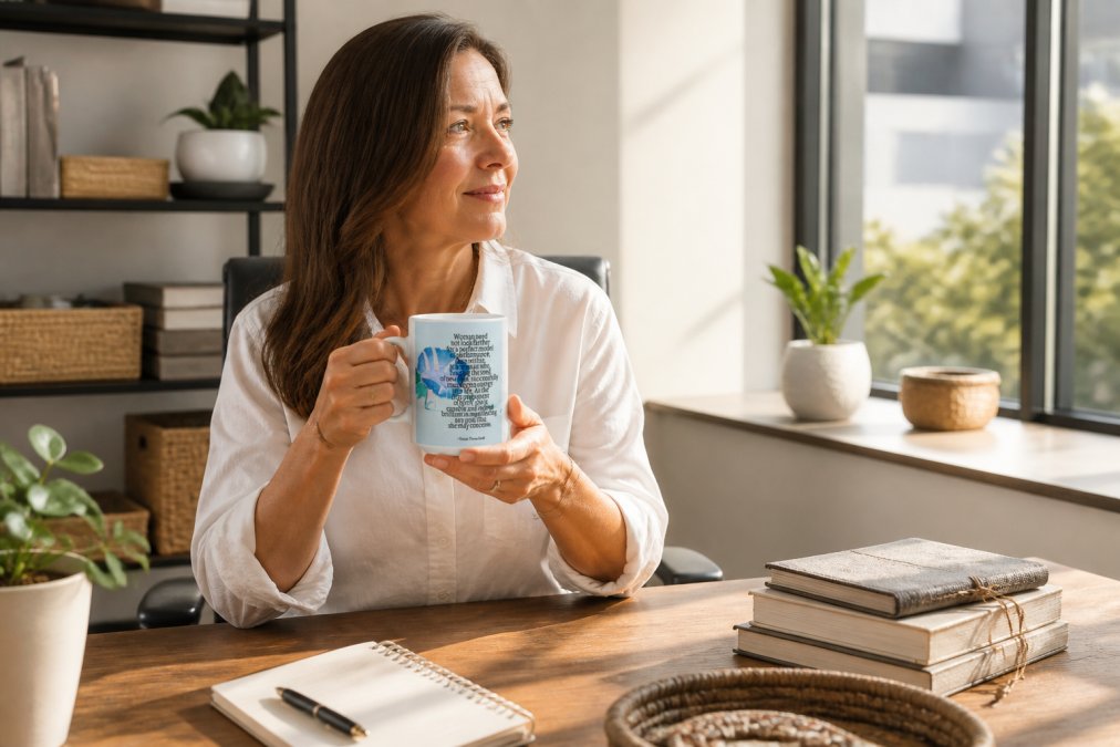 Professional woman at her desk holding an inspirational mug, surrounded by sustainable workspace items, natural morning light streaming through office window