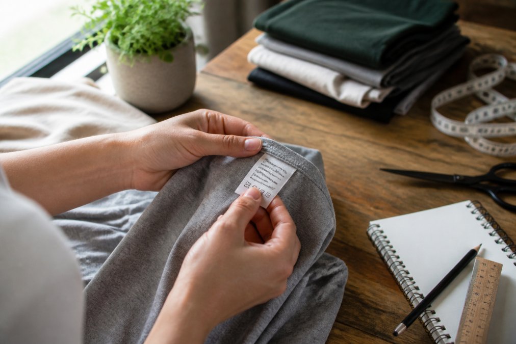 A close-up of a person's hands holding the fabric tag of a gray t-shirt, examining the material composition and certification logos under bright natural window light