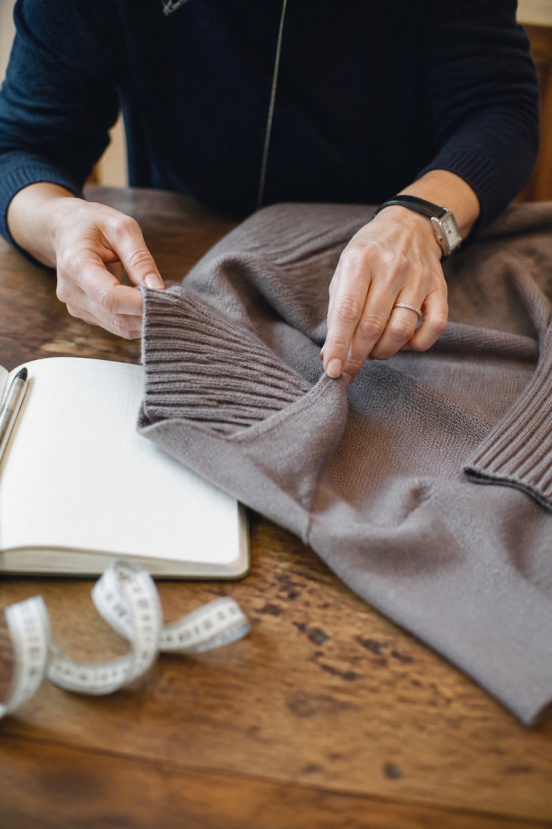 Infographic evaluating sustainable luxury womenswear quality through fabric inspection and cost-per-wear analysis.