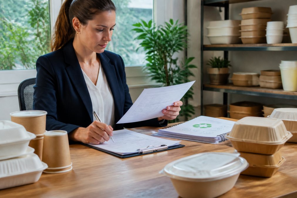 A hospitality business owner reviewing supplier documentation and sustainability certifications at a desk, with sample compostable takeaway containers and a laptop displaying a supplier assessment form, natural daylight from a window