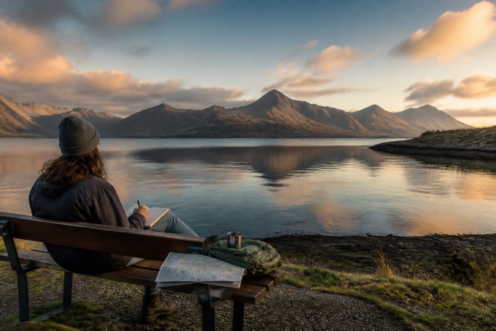 Solo traveler resting on a loch-side bench at golden hour, enjoying a moment of tailored travel on the Isle of Skye.