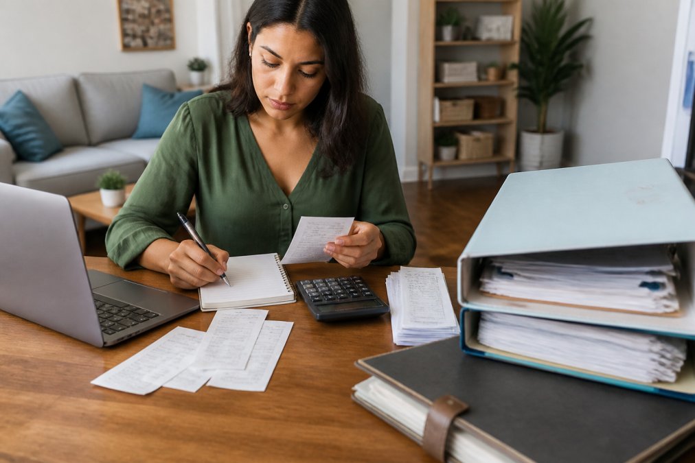 Small business owner at desk reviewing receipts and expense documentation, with laptop, calculator, and organized filing system visible on the desktop