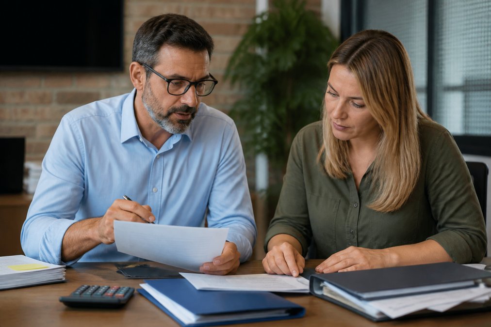 Tax professional and small business owner reviewing financial documents and tax planning strategy together at a table with organized folders and calculator