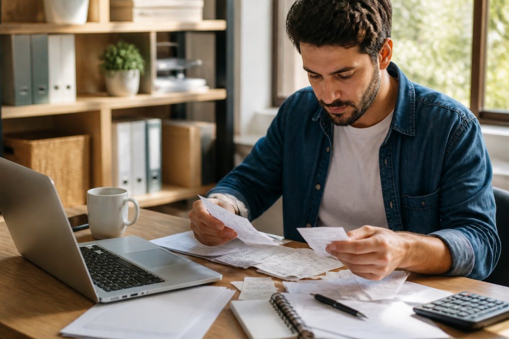 A freelancer sitting at a home desk with paper receipts spread out, a laptop open to a spreadsheet, and a coffee mug nearby, in a bright home office with natural window light