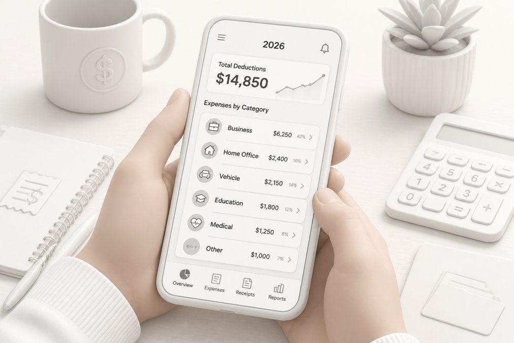 Close-up of a person's hands holding a smartphone displaying a financial tracking app with expense categories visible on screen, soft indoor lighting, wooden table surface
