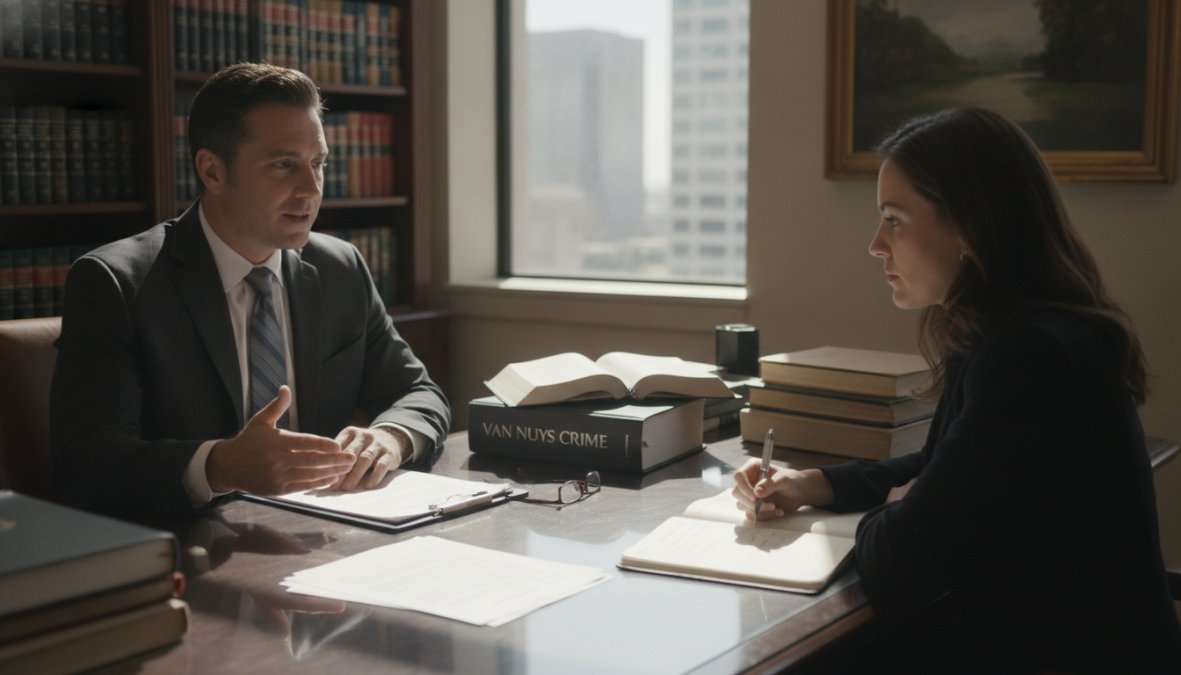 Client and criminal defense attorney sitting across from each other at a desk in a professional law office, reviewing case documents during a serious consultation