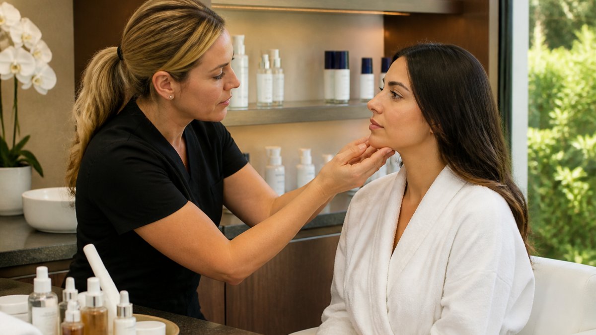 Professional esthetician consulting with client during skin analysis in modern spa setting with natural lighting and calm atmosphere