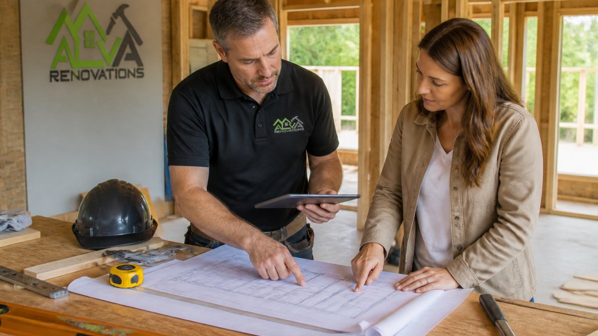 Contractor and homeowner reviewing architectural plans with home addition builders on a sunny job site
