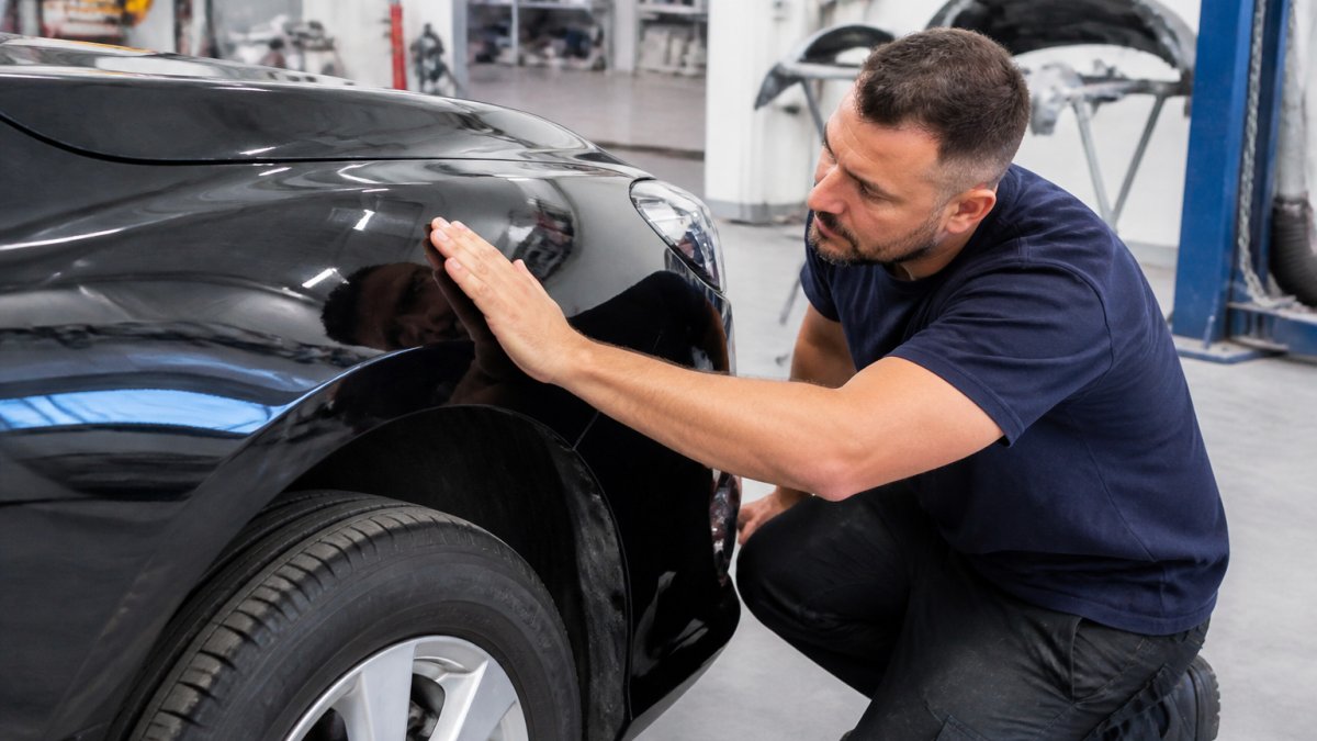 Technician inspecting a vehicle fender and paint finish in a professional auto body repair shop