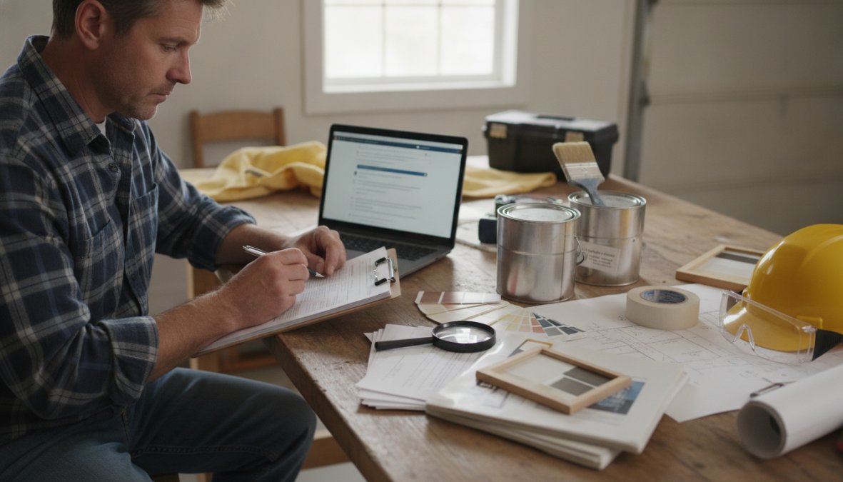 Homeowner reviewing customer testimonials and ratings on a laptop with a notepad and pen nearby for taking notes on painter qualifications