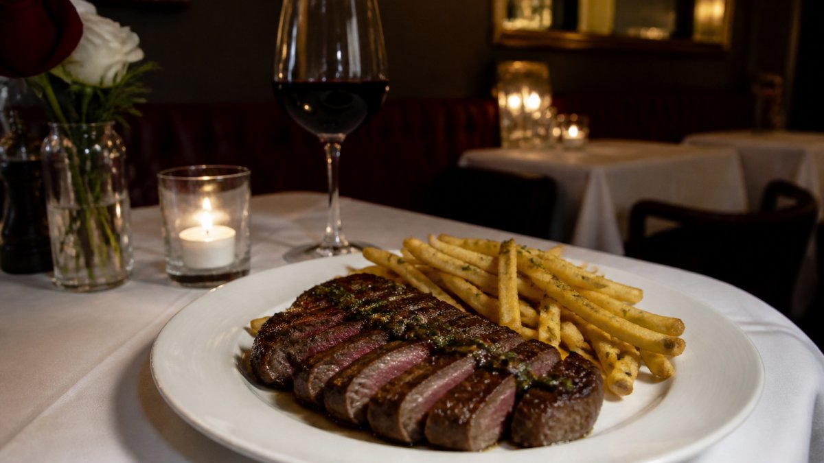 Elegantly plated steak frites at Le Nocturne, a French restaurant in Livermore, served with red wine by candlelight.