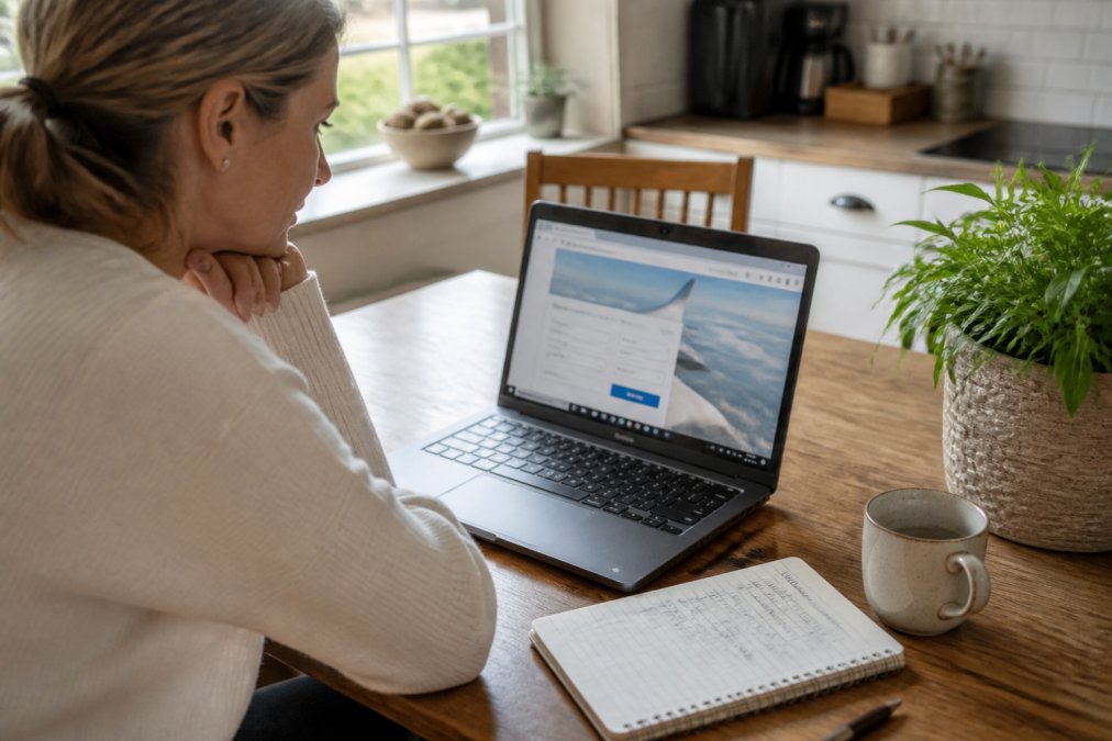 Step-by-step guide for tracking flight prices to secure the best vacation deals using a laptop and notebook.