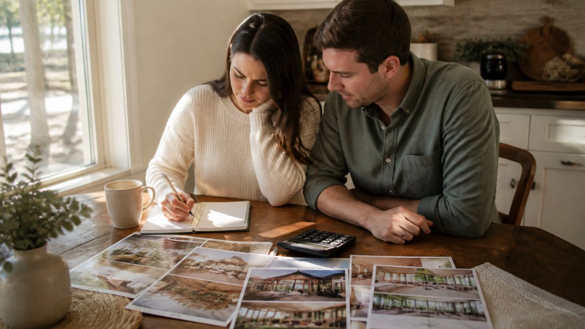 A couple sitting at a kitchen table with a notebook, calculator, and printed venue brochures spread out, afternoon light through the window