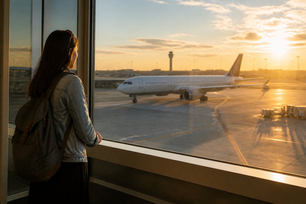 Traveler standing at a large airport window, watching a commercial jet taxi on the tarmac as golden morning sunlight streams through the glass
