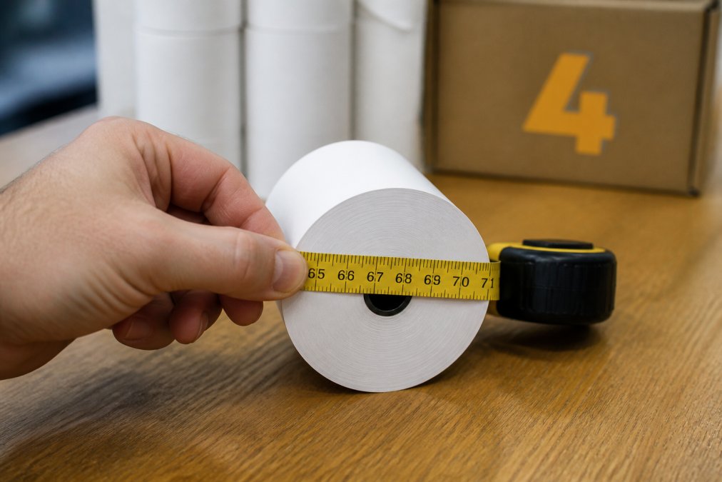 Close-up of a hand holding a measuring tape wrapped around a white thermal till roll on a wooden counter, showing the outer diameter measurement clearly marked