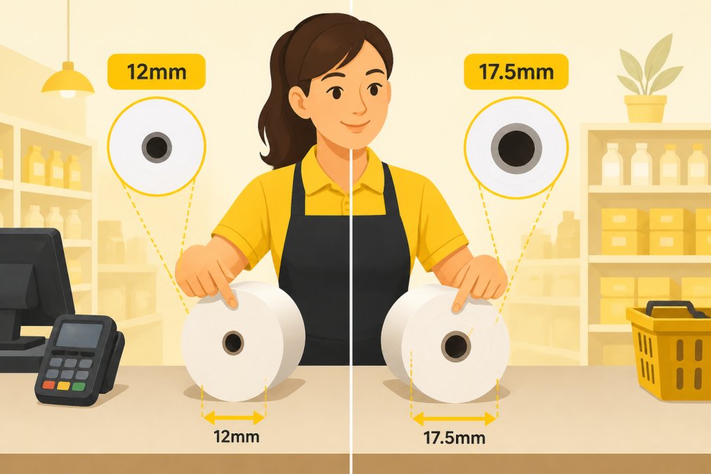 Retail worker in a shop environment comparing two till rolls side by side on a counter, pointing to show the visible difference between a smaller 12mm inner core and a larger 17.5mm core