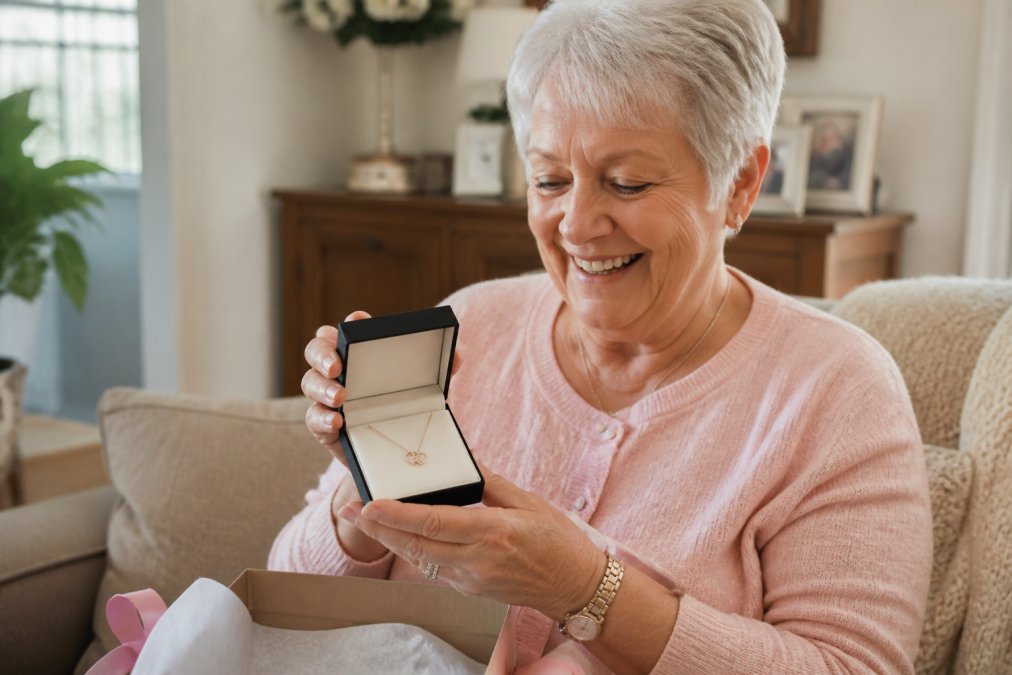 An older woman smiling warmly as she opens a small jewelry box containing a delicate personalized necklace, with soft natural light in a cozy living room setting