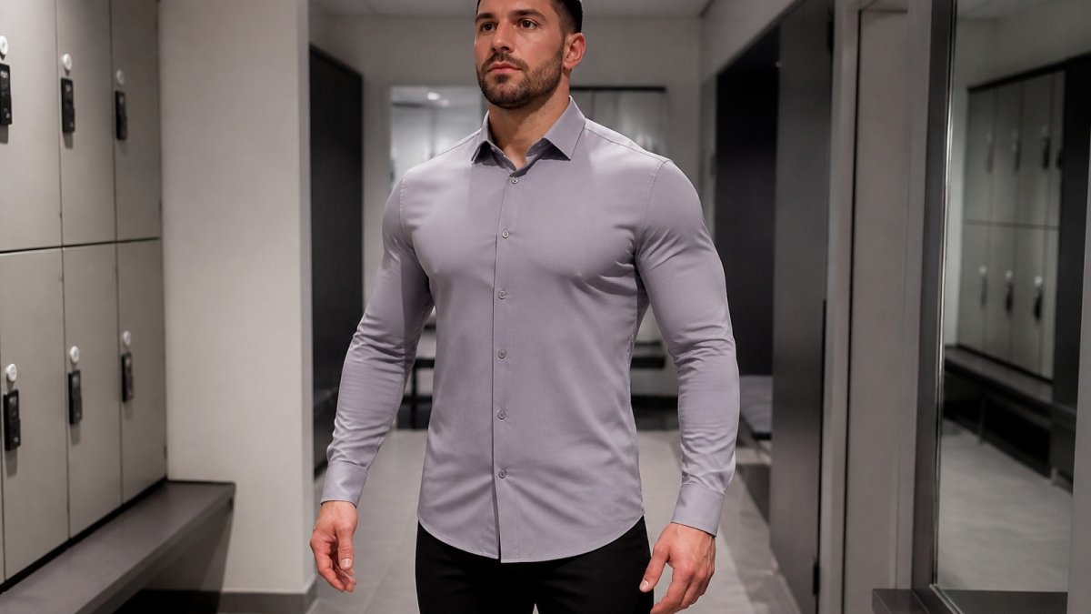 Muscular man in a fitted shirt standing in a gym to check sleeve length while arms hang at his sides