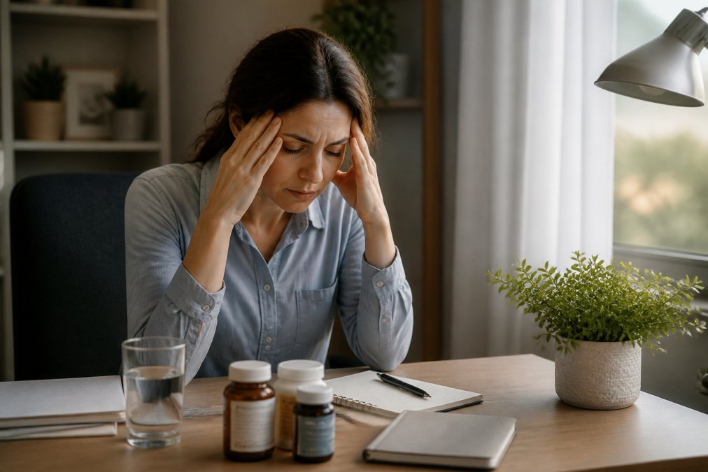Professional illustration showing woman and sitting and desk concepts for root cause autoimmune