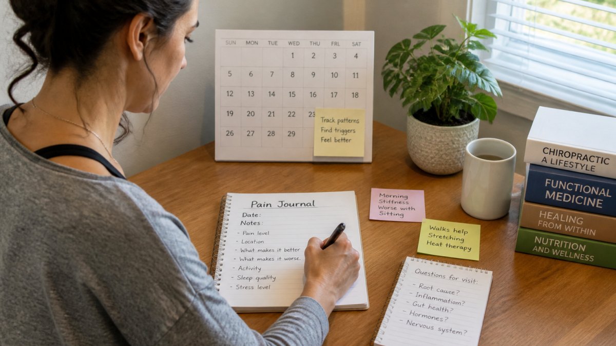 Person sitting at a desk writing in a pain journal with a calendar and notes visible, showing someone documenting their symptoms