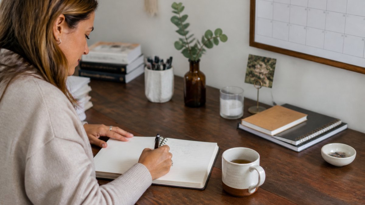Person sitting at a desk with a notebook and pen, writing down health notes with a cup of tea nearby and a calendar visible on the wall