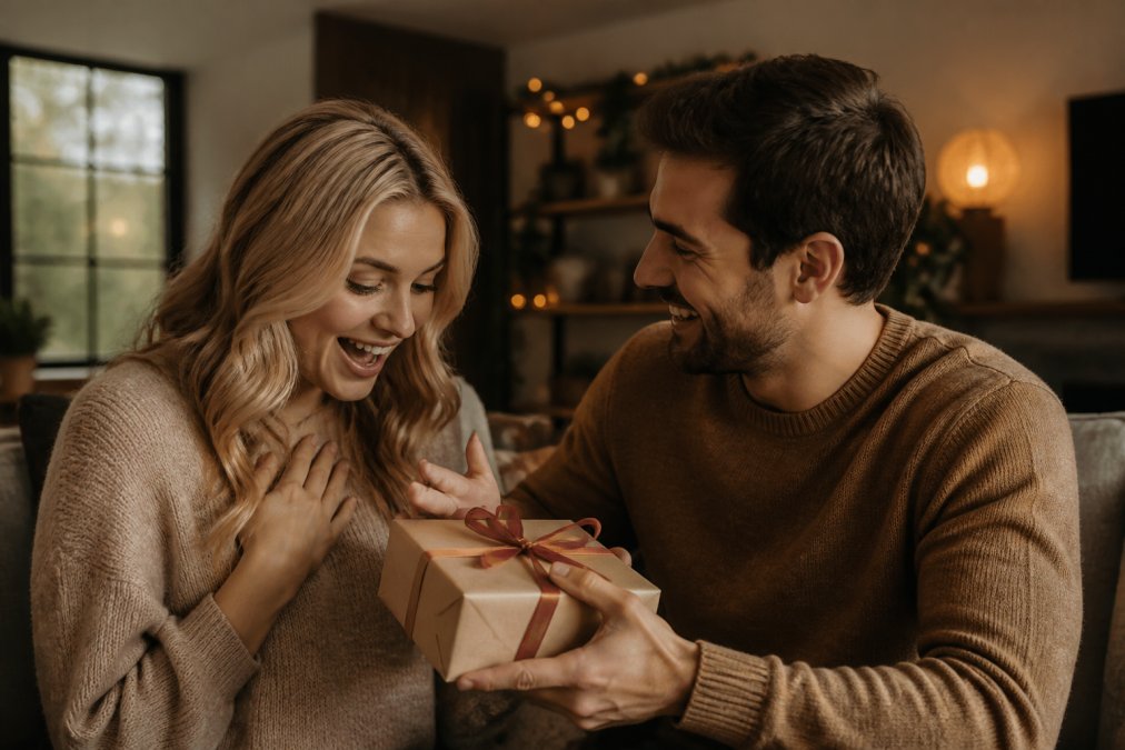 A couple exchanging a beautifully wrapped gift in a warm, intimate home setting with genuine emotion and connection visible in their expressions and body language