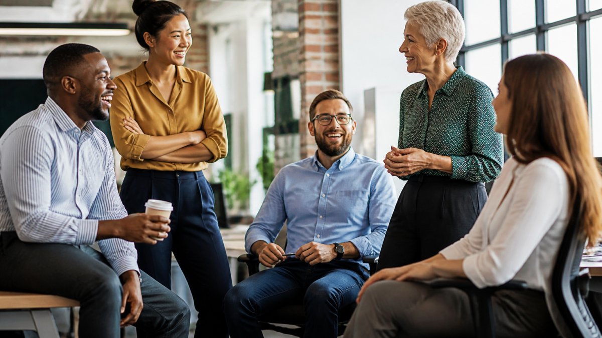A diverse group of coworkers chatting and laughing together in a modern office setting, showing camaraderie and shared moments