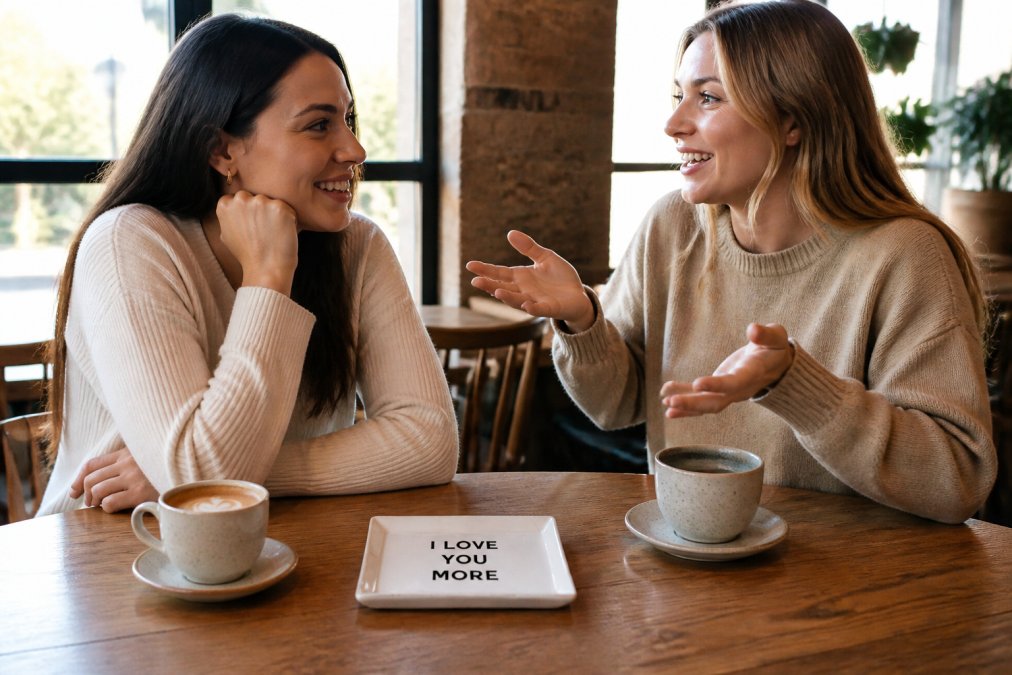 Two friends sitting at a café table, one leaning forward attentively while the other gestures enthusiastically, natural window lighting creating warm ambiance