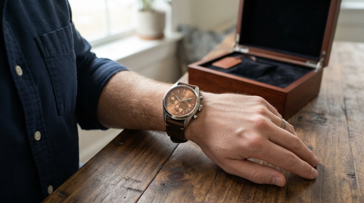 Close-up of a man's wrist wearing a luxury chronograph watch with genuine stainless steel case and copper dial, positioned on a wooden table with a mahogany gift box nearby, soft natural window lighting