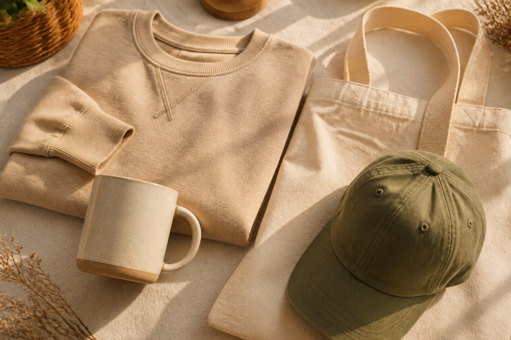 Flat lay arrangement of personalized lifestyle items including a custom sweatshirt, engraved mug, monogrammed tote bag, and stylish hat displayed on a neutral background with warm natural lighting from the side